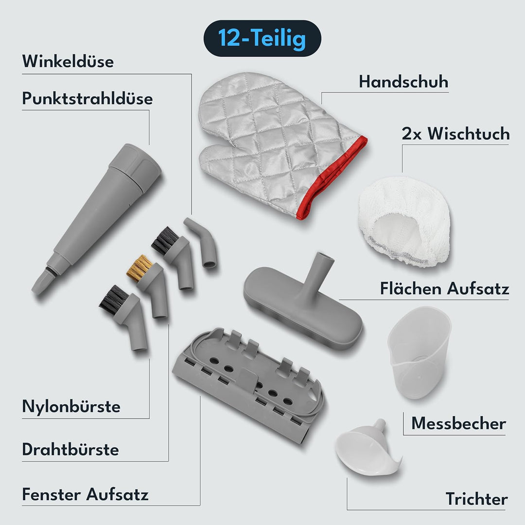LEBENLANG Elektrischer Dampfreiniger Handgerät - 3,5 Bar &amp; 1000W I 12x Zubehör I Steam Cleaner für a