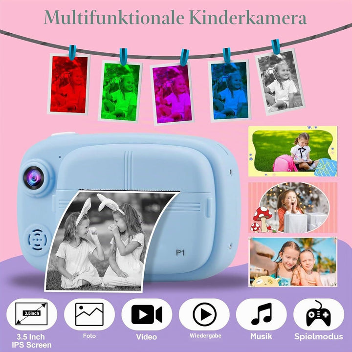 Misilmp Sofortbildkamera Kinder, Digital Kinderkamera 3.5" Zero-Ink-Druckpapier und 32GB TF-Karte,10