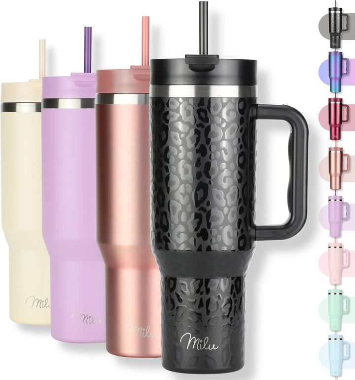 Milu Thermobecher 1,2L mit Strohhalm und Henkel 48h Eis/24h kalt/12h heiss Edelstahl Tumbler 40oz mi