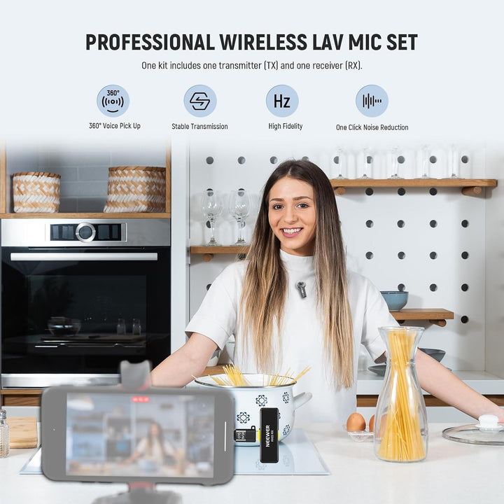 NEEWER Lavalier Kabelloses Mikrofonsystem, 1x USB C Empfänger mit OTG Adapter &amp; 1x Noise Cancelling