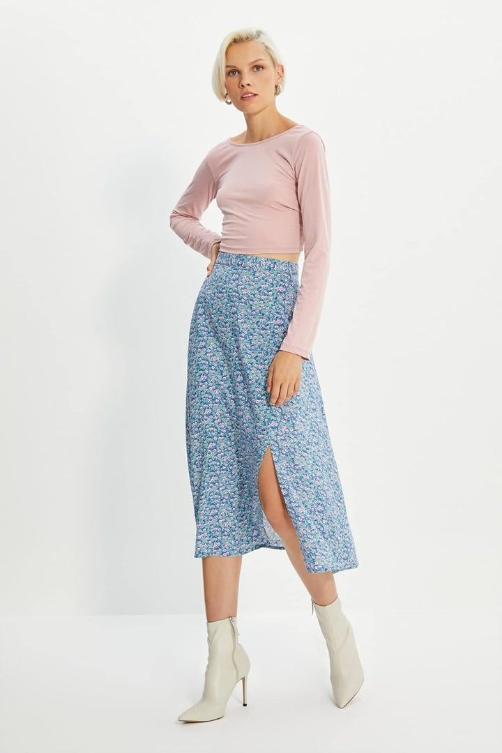 TRENDYOL Frau Midi A-Linie A-Linie Webstoff Rock 38 Blau, 38 Blau