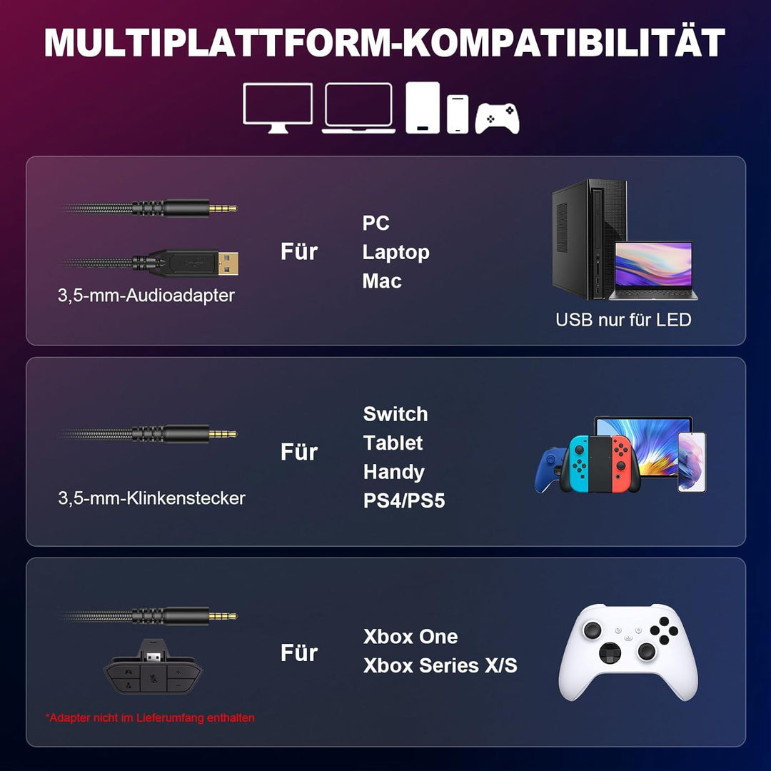 PG1 RGB Gaming Headset für PS4, PS5, PC, Xbox,Switch, Kabel Gaming Kopfhörer mit LED Licht, Over Ear