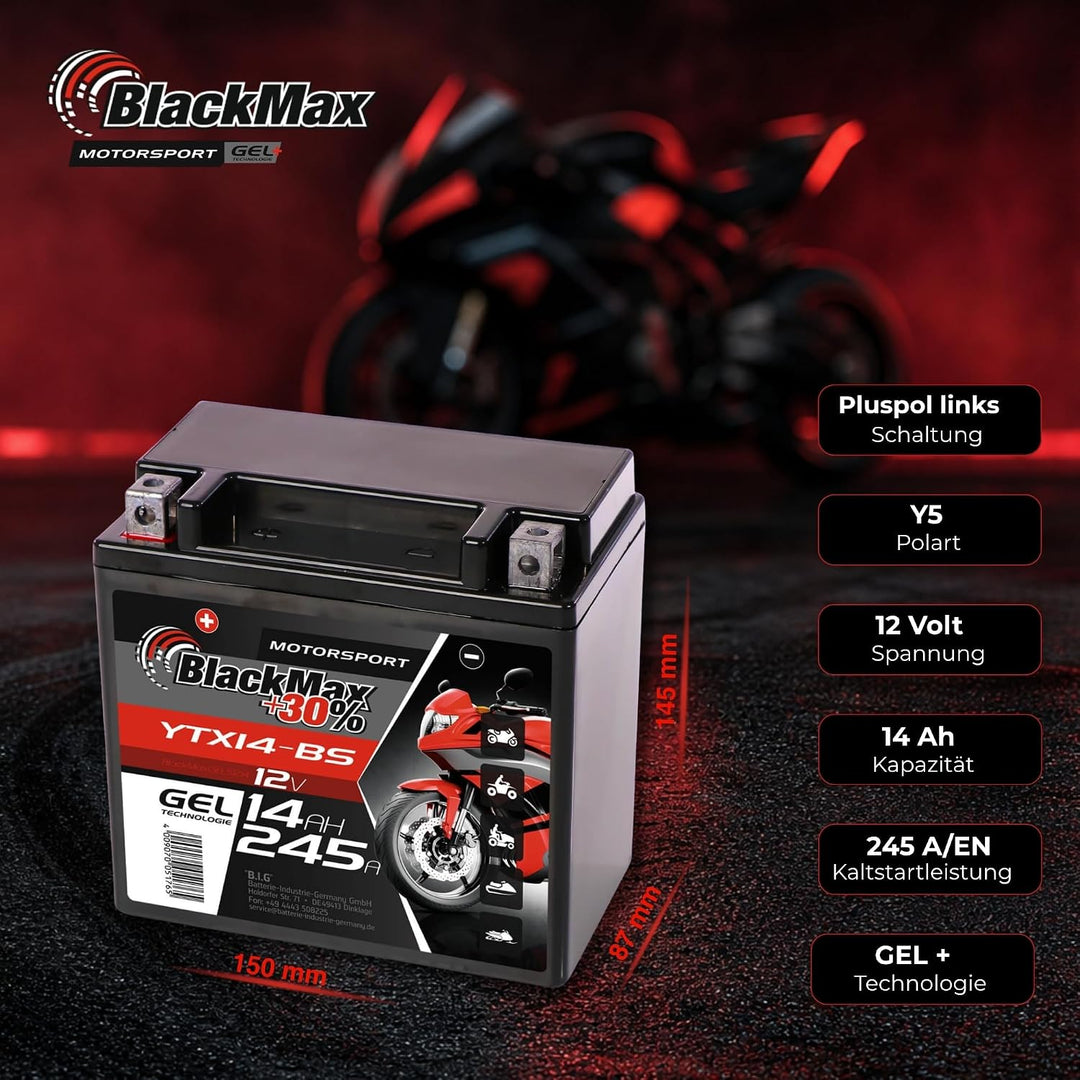 BlackMax YTX14-BS Motorradbatterie GEL 12V 14Ah CTX14-BS 51214 Batterie YTX14-4 14Ah - 220A - YTX14-