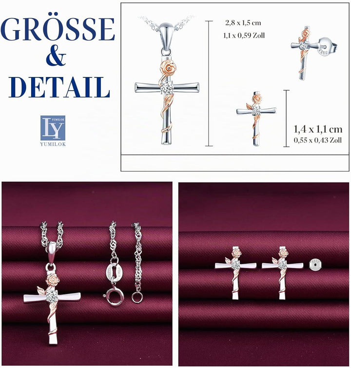 Yumilok Damen Schmuckset Halskette Kette Ohrringe Set Zirkonia Kreuz Rose Halskette mit Ohrringe für