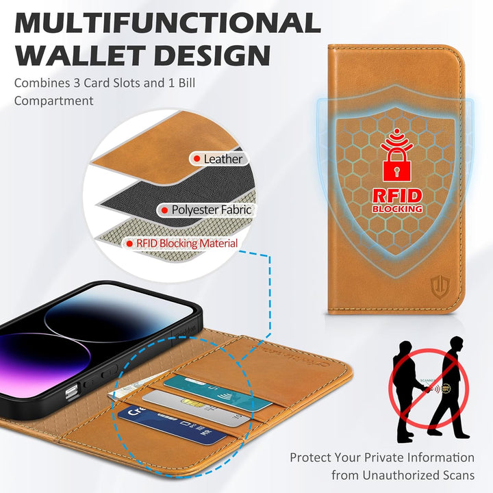 SHIELDON Hülle für iPhone 14 Pro Max Schutzhülle [Rindsleder] [Stossfest ] [Kartenfach] [Magnetversc