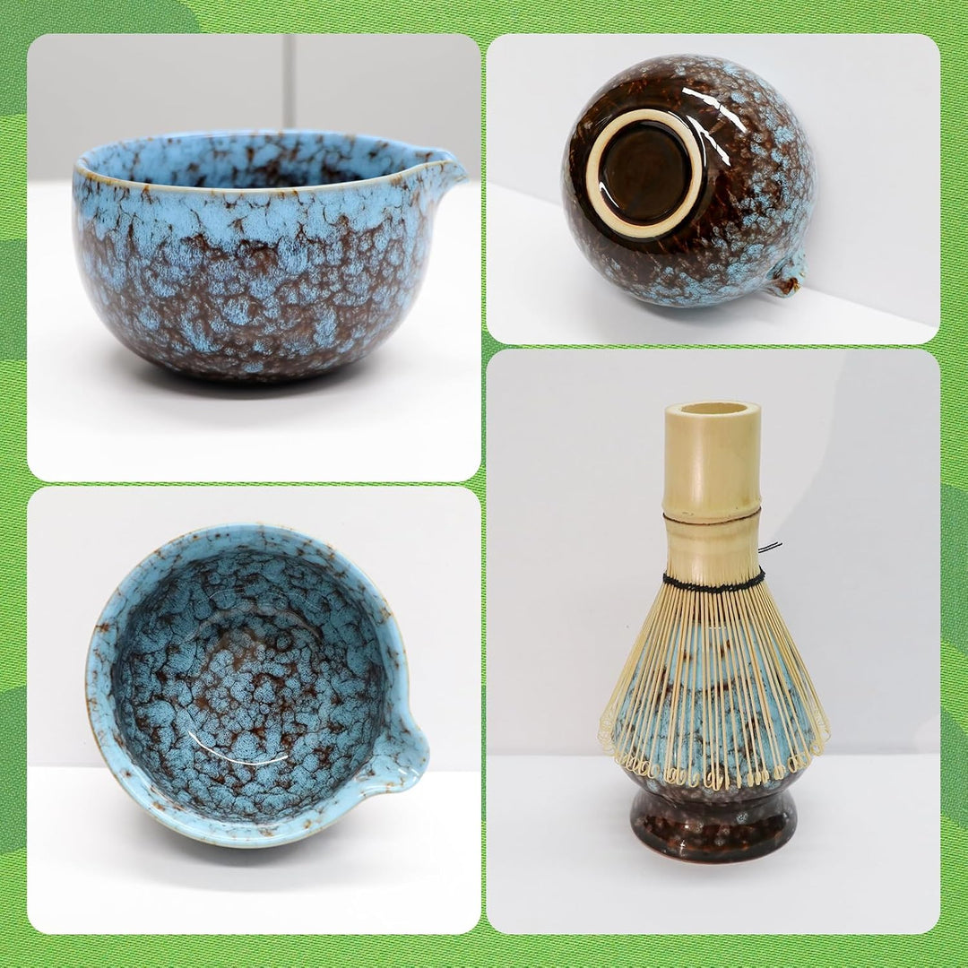 SURFOU Matcha Set 7 Stück, Matcha Schale mit Ausgiesser, Bambus-Schneebesen, Schaufel, Besenständer,