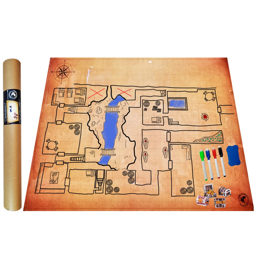Power Beast Dungeon Grid Game Mat + 4 Marker und Radiergummi + 4 Schatztruhen, Role Playing Game Boa