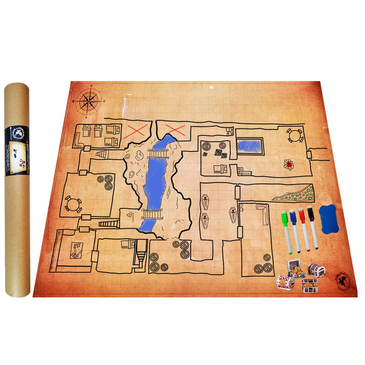 Power Beast Dungeon Grid Game Mat + 4 Marker und Radiergummi + 4 Schatztruhen, Role Playing Game Boa