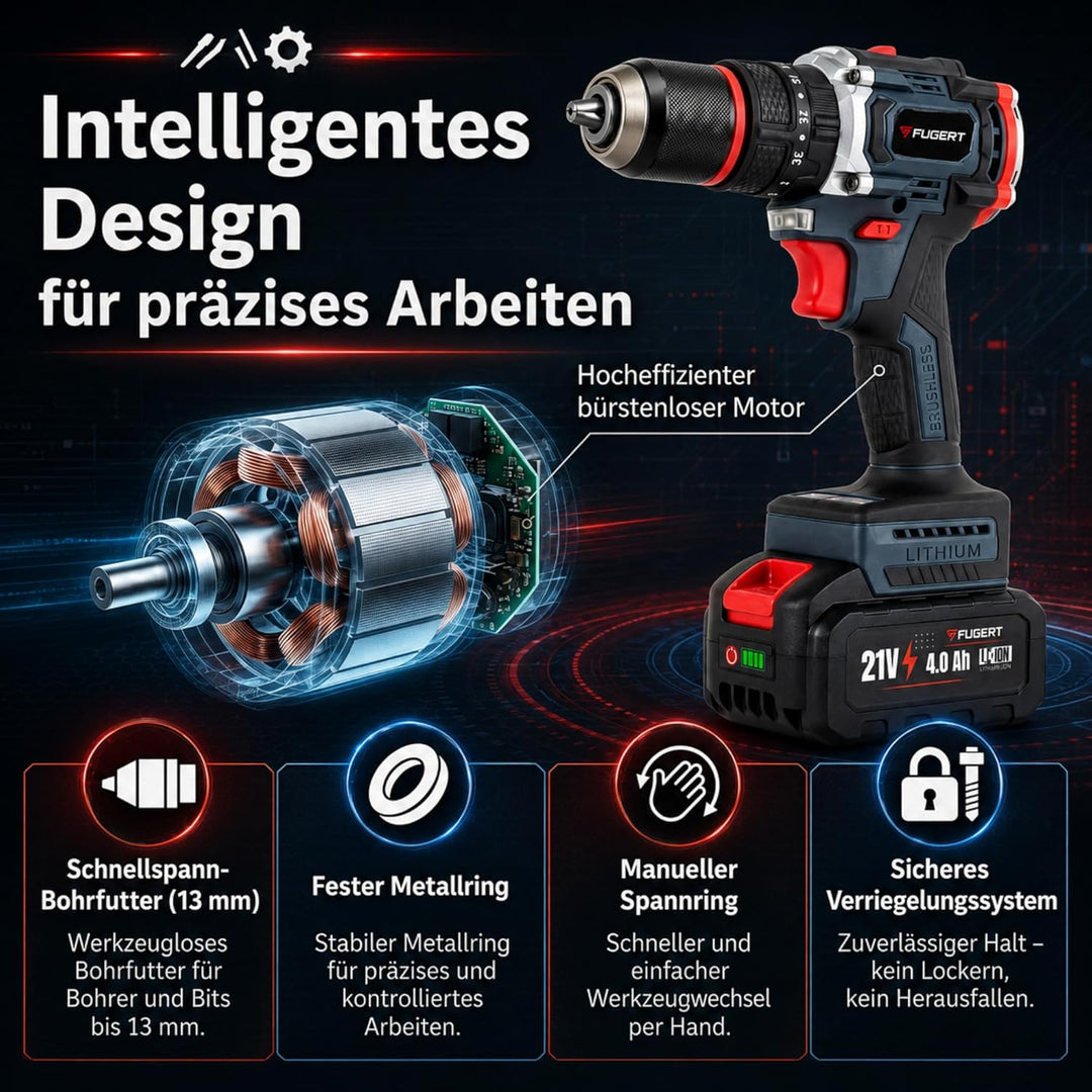Akku Schlagbohrschrauber 21V Bürstenlos 80Nm 2x 4000 mAh Akkus | 35 Drehmomentstufen & 3 Modi (Schra