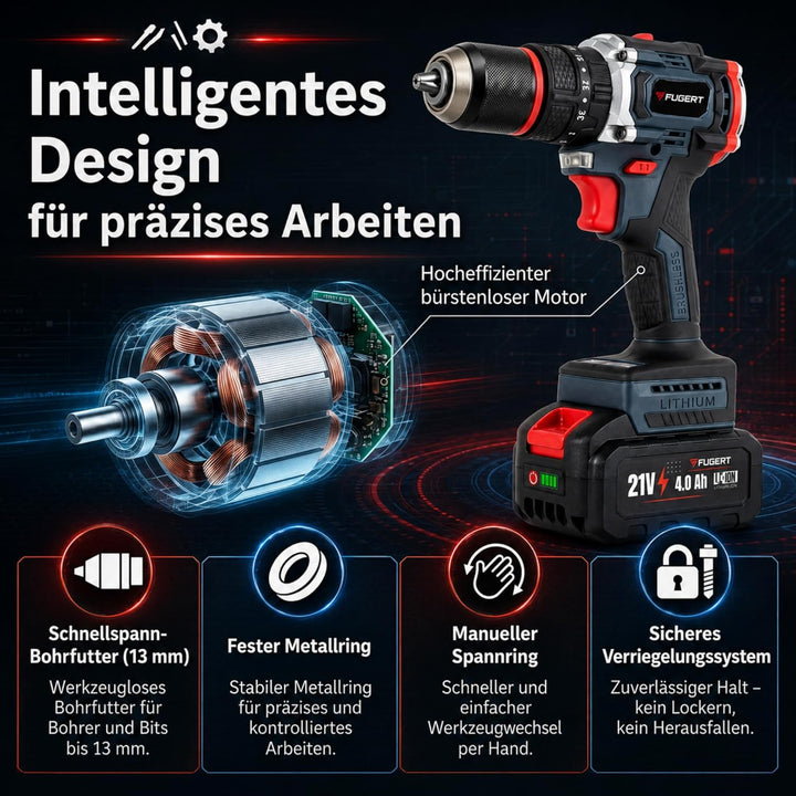 Akku Schlagbohrschrauber 21V Bürstenlos 80Nm 2x 4000 mAh Akkus | 35 Drehmomentstufen & 3 Modi (Schra