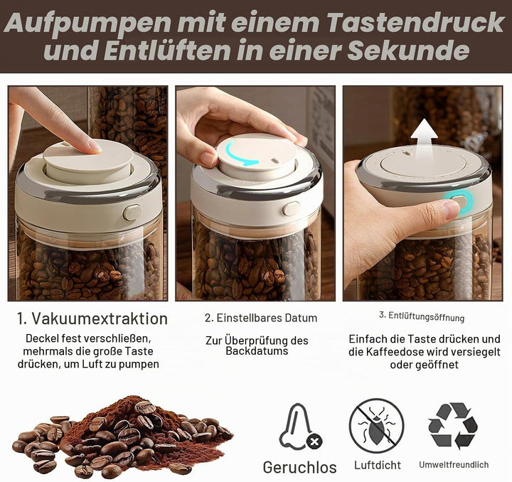 Kaffeedose luftdicht, 2 Stück kaffeedosen 1100ml 1700ml, Transparent Vakuum Kaffeebohnen Behälter Gl