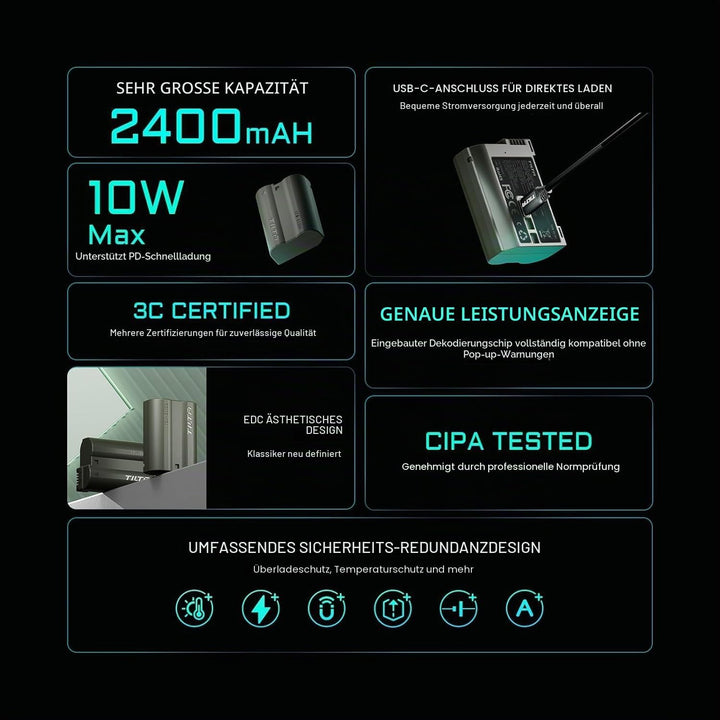EN-EL15C Ersatzakku- und Ladegeräteset, 4er-Pack 2400-mAh-Akkus und Vierkanal-USB-C-PD-Schnellladege