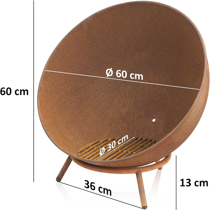 BBQ-Toro Feuerschale Ø 60 cm | Rostoptik | Kippbare Feuerstelle mit Dreibein Gestell | 3in1 Feuerkug