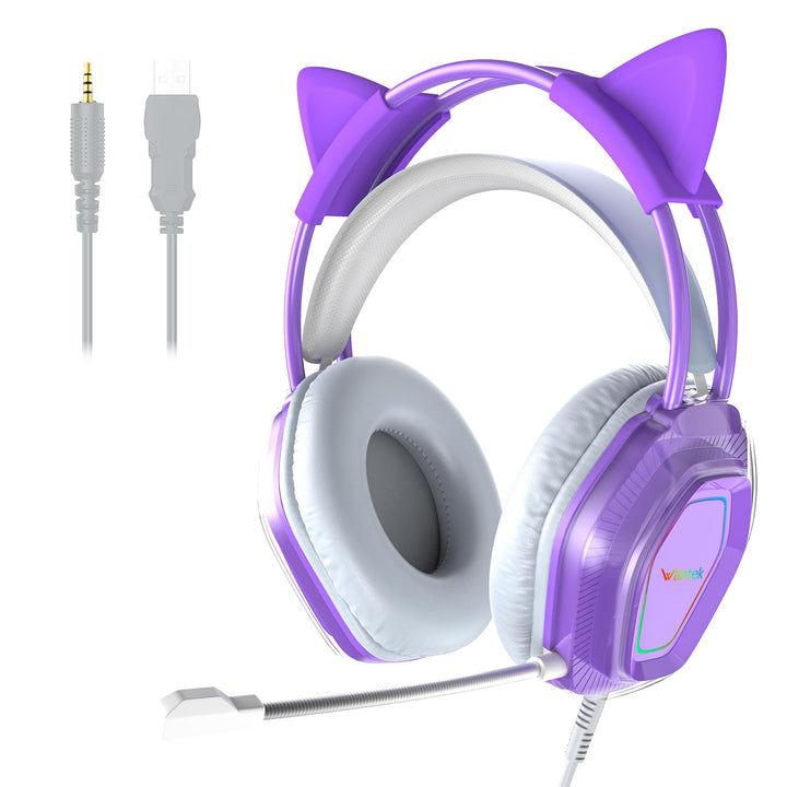 Wantak Katzenohr Kopfhörer mit Mikrofon – Kabel (3,5mm/USB) – Gaming Headset für PC/PS5/Xbox – Noise