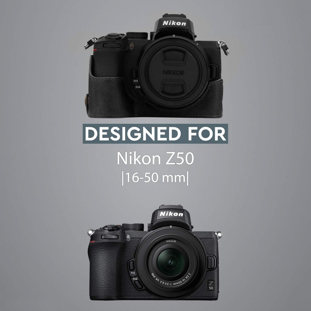 MegaGear Ever Ready MG1813 Kameratasche aus Echtleder, kompatibel mit Nikon Z50 (16-50 mm), Schwarz,