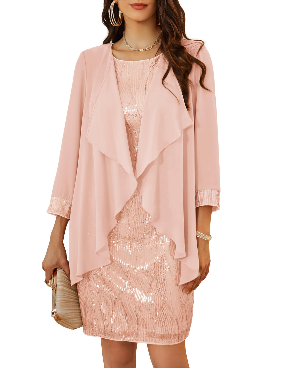 GRACE KARIN Damen Ärmelloses Rundhals Pailletten Cami Kleid Elegant Zweiteiler Tüll Cardigan Abendkl