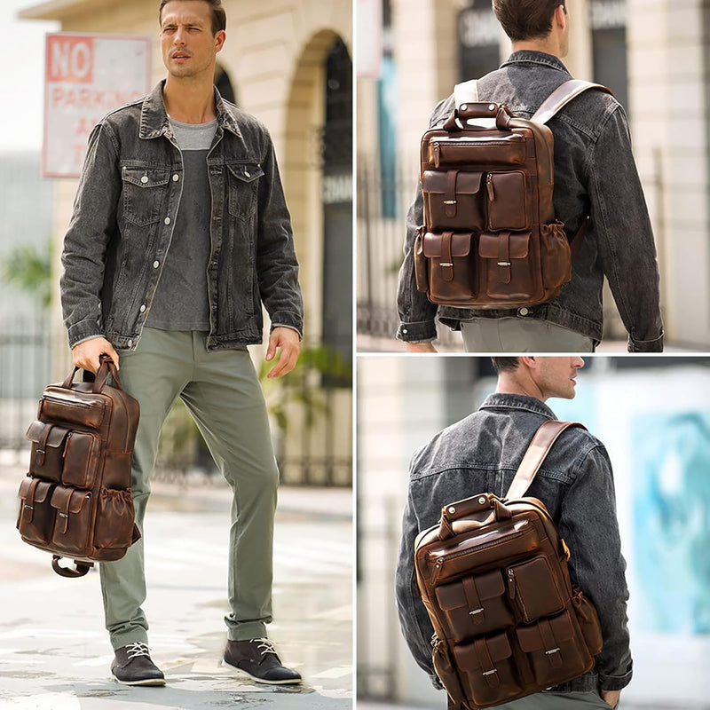 TIDING Herren Rucksack Echtes Leder Grosse Kapazität Business Reisetasche für 15,6 Laptop Tasche, Da