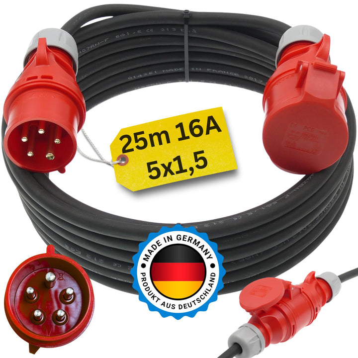 25m CEE Starkstromkabel Verlängerungskabel 16A 400V Gummileitung H07RN-F 5g1,5 mm² IP44 aussen