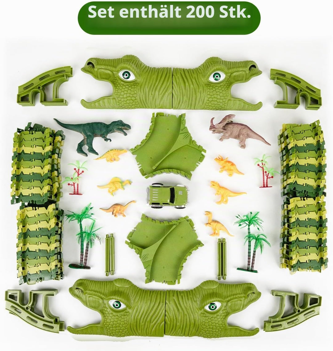 CELMAN Dinosaurier Spielzeug - Flexibles Rennbahn mit viele Teilen und Geländewagen, Autorennbahn Sp