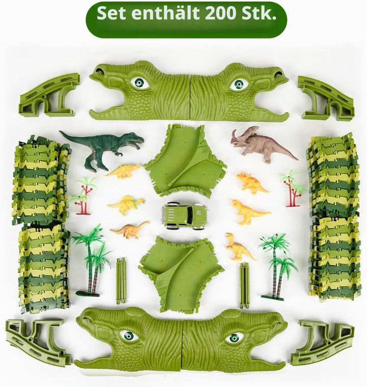 CELMAN Dinosaurier Spielzeug - Flexibles Rennbahn mit viele Teilen und Geländewagen, Autorennbahn Sp