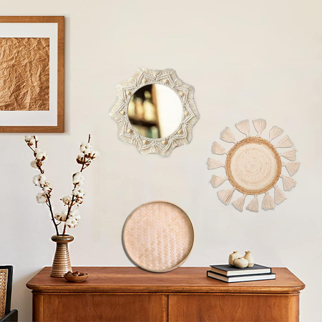 Boho Wandkorb Dekor Set - Flach Gewebter Makramee Tapisserie Spiegel Weiss Runde Quasten Handgemacht