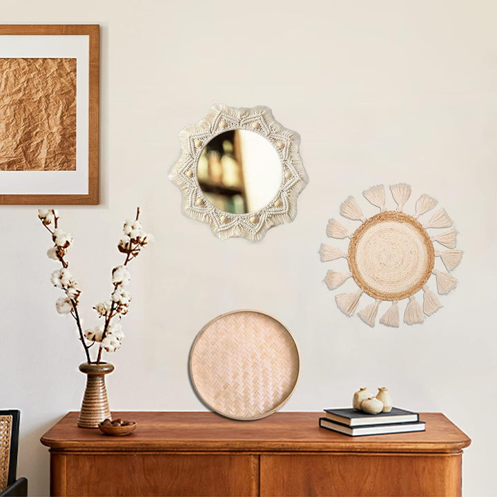 Boho Wandkorb Dekor Set - Flach Gewebter Makramee Tapisserie Spiegel Weiss Runde Quasten Handgemacht