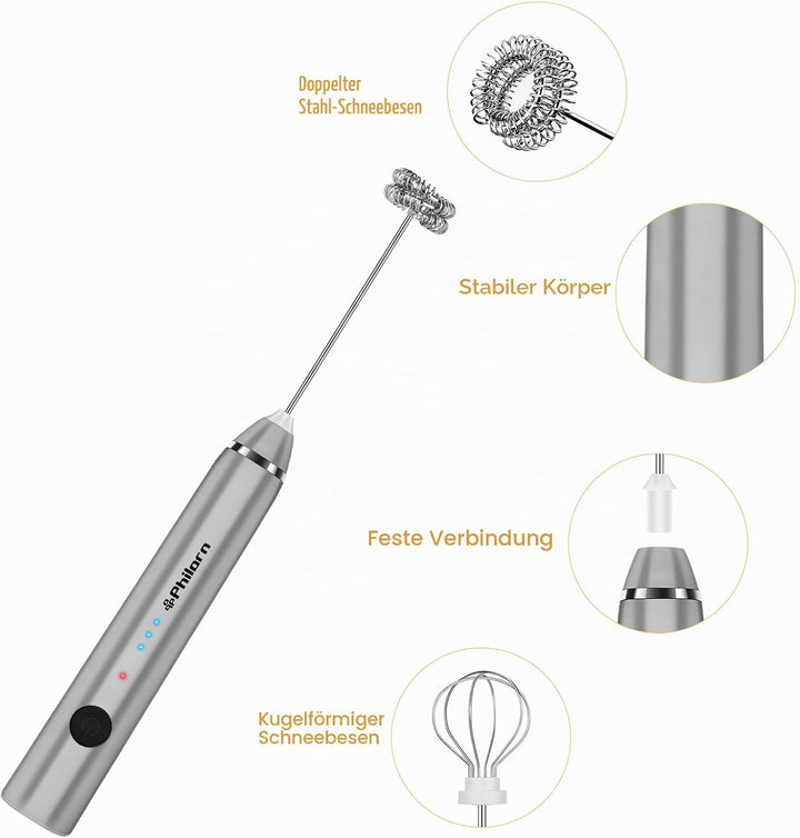 Philorn Milchaufschäumer Stab, Milchaufschäumer Elektrisch Stab Hand Held, 3-Gang USB Aufladbar Aufs
