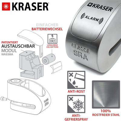 KRASER KR14S Bremsscheibenschloss Alarm für Motorrad, Roller, Motorradschloss Bremsscheibenschloss m