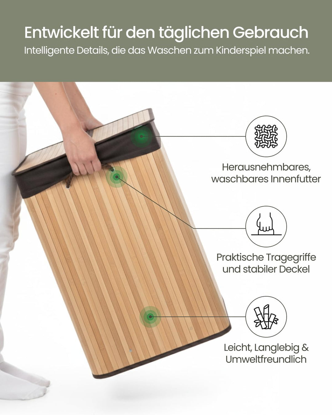 G21 Bambus Wäschekorb 3 Fächer 150L, Stabiler Wäschesammler mit Deckel und mit Henkel, Braune Wäsche