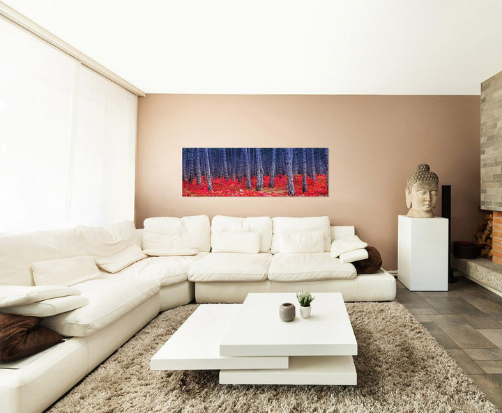 Paul Sinus Art Panoramabild auf Leinwand und Keilrahmen 150x50cm Ukraine Wald Baumstämme Blumen rot