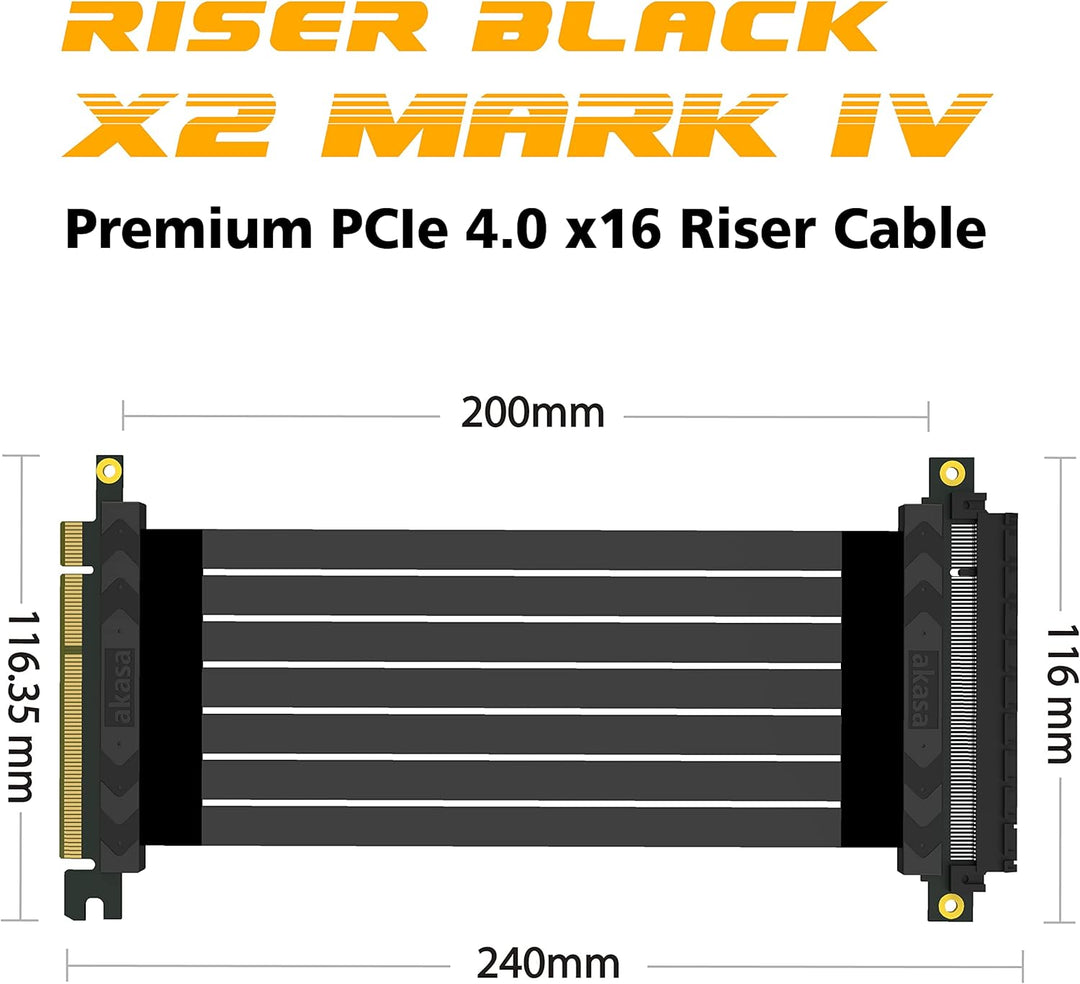 Akasa Compatible Riser Black X2 Mark IV, Premium PCIe 4.0 x16 Riser-Kabel, 20 cm - schwarz