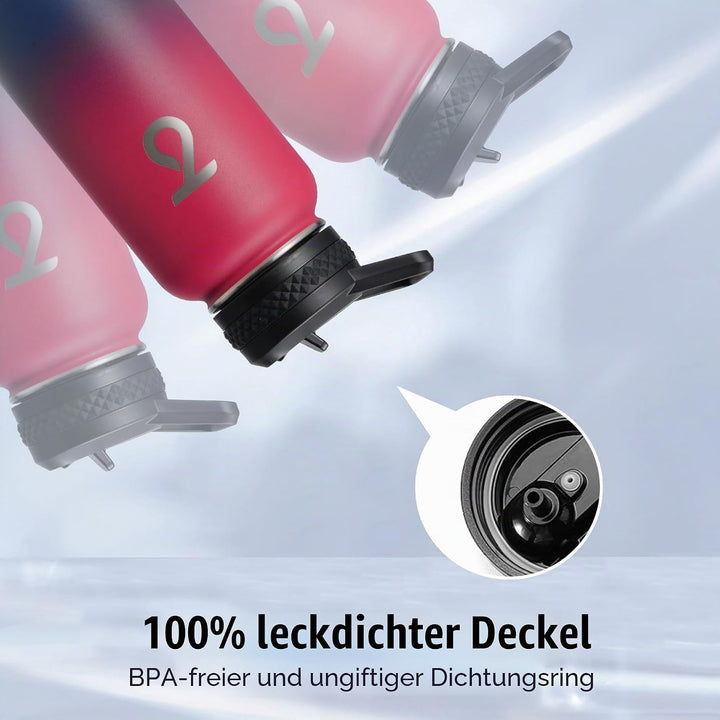 Trebo 1,2 l Wasserflasche mit 3 Deckeln und Griff, vakuumisoliert, Edelstahl, auslaufsicher, BPA-fre