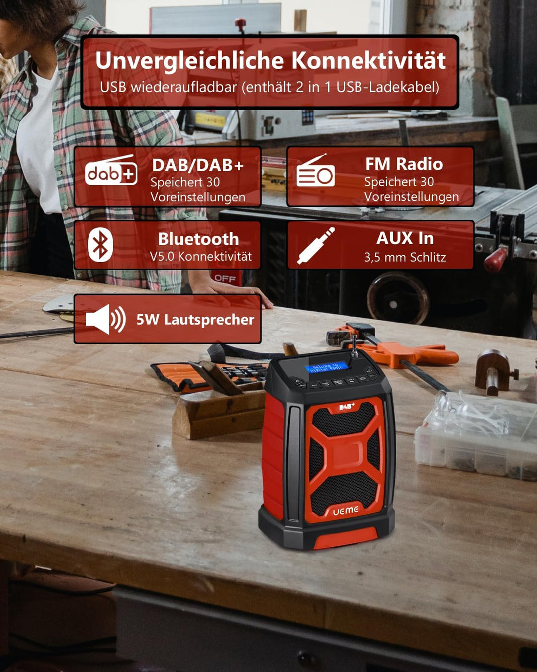 Baustellenradio Mit Akku Aufladbar (6000mAh), Tragbares DAB+/FM Radio, Bluetooth Lautsprecher & Dual