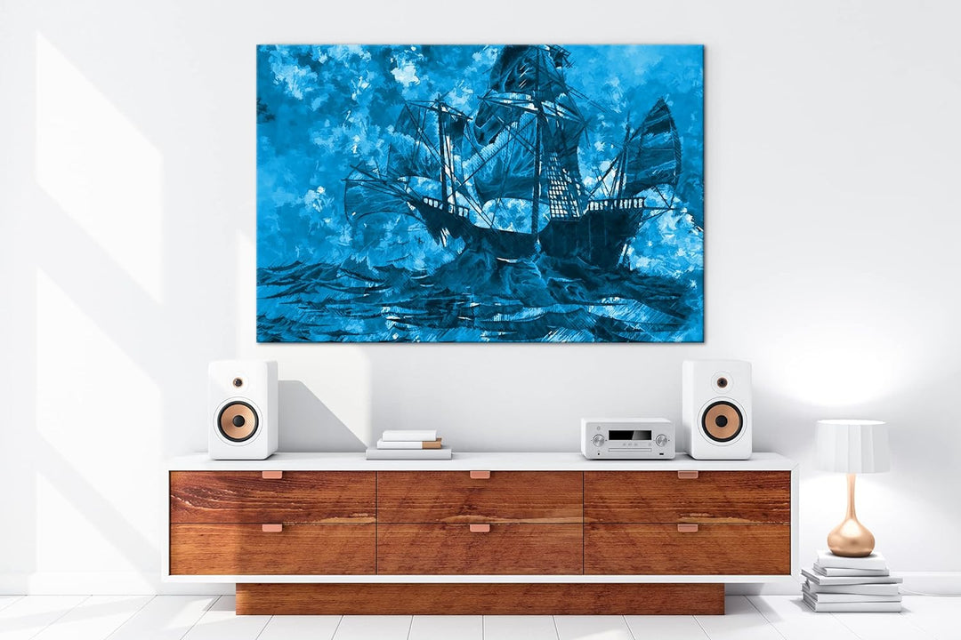 deyoli abstrakte Zeichnung eines Geisterschiffes Format 80x60 Effekt: Monocrome Blau als Leinwandbil