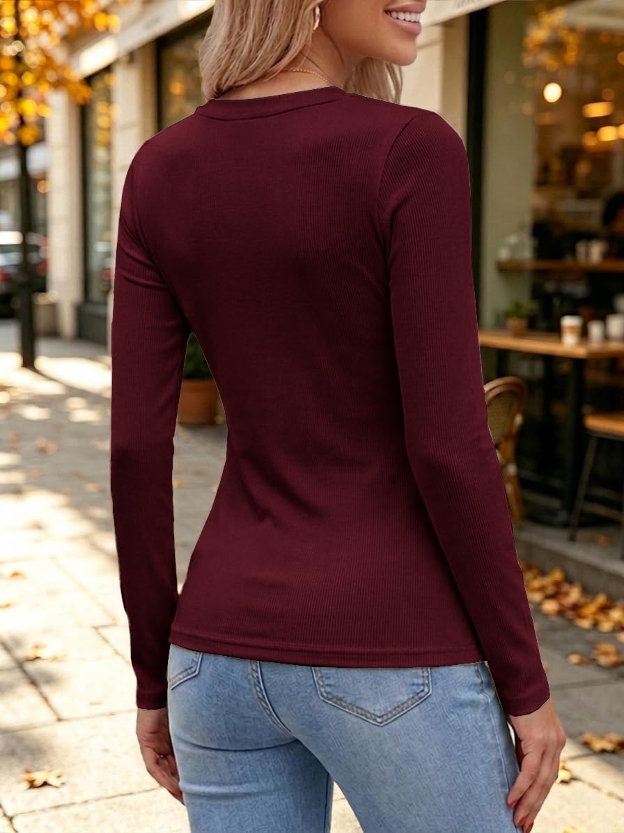 Chicrise Langarmshirt Damen V Ausschnitt Langarm Pullover Basic Eng Ribbed Oberteile, Burgundy S