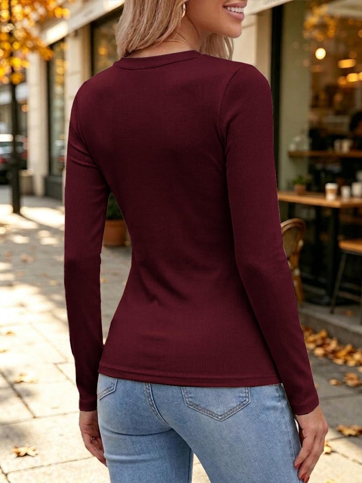 Chicrise Langarmshirt Damen V Ausschnitt Langarm Pullover Basic Eng Ribbed Oberteile, Burgundy S