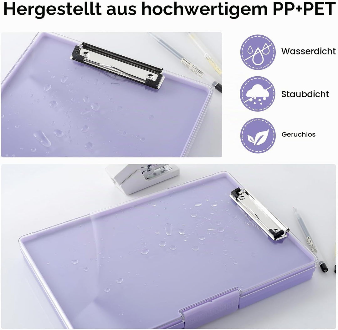 Klemmbrett a4 mit Aufbewahrungsfach, Lila Kunststoff-Klemmbrett, Leichtes Zwischenablage, Tragbares