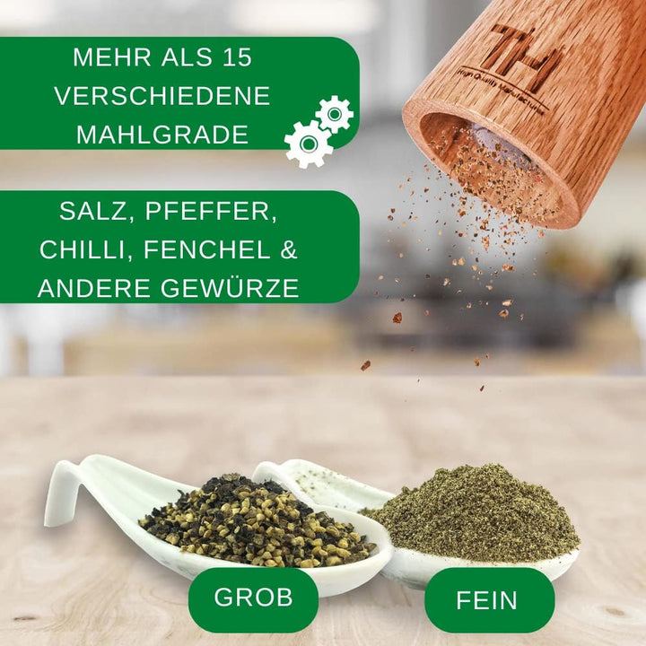 Profi Salz und Pfeffermühle Set - patentiertes Keramikmahlwerk - inkl. Untersetzer &amp; Reinigungspinse