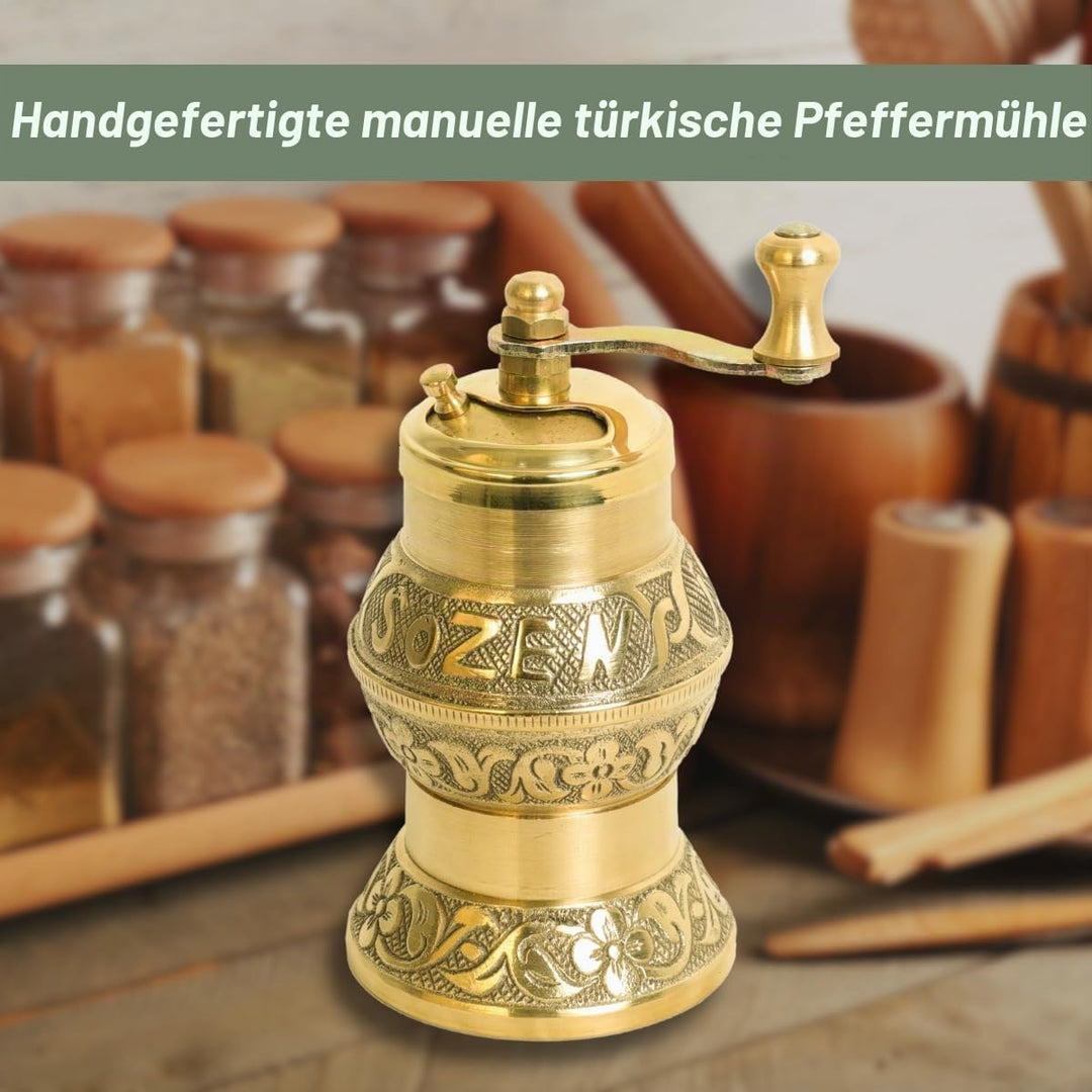 Handgefertigte Sozen Pfeffermühle, manuelle Messingmühle, Istanbul Crafted 11,9 cm, tragbare konisch