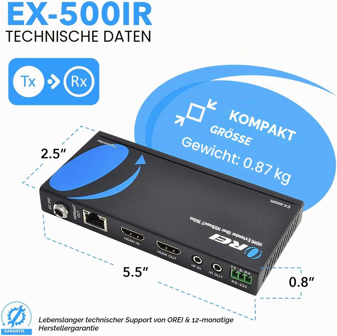 OREI HDBaseT HDMI Extender Over Cat5e/6 Ethernet LAN Cable - Up to 500 Feet - IR, HDMI Loop-Out, RS-