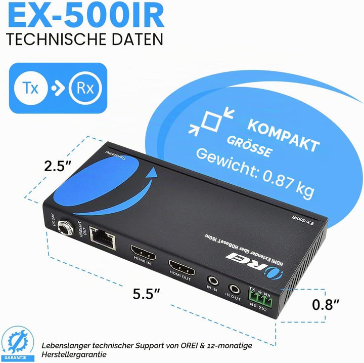 OREI HDBaseT HDMI Extender Over Cat5e/6 Ethernet LAN Cable - Up to 500 Feet - IR, HDMI Loop-Out, RS-