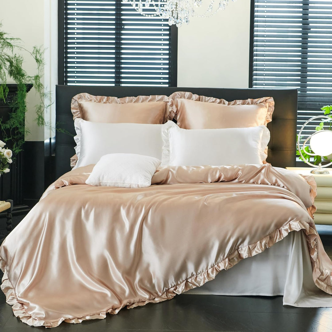 Freyamy Bettwäsche 220x240 Glatt Luxus Seide Bettwäsche Set Khaki Champagne Einfarbig Rüschen Romant