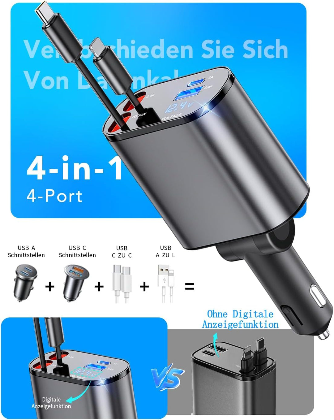 Aimtel 4 in 1 Zigarettenanzünder USB C 66W Auto Ladegerät, Kfz Ladegerät für Camping Wohnmobil Ladeg