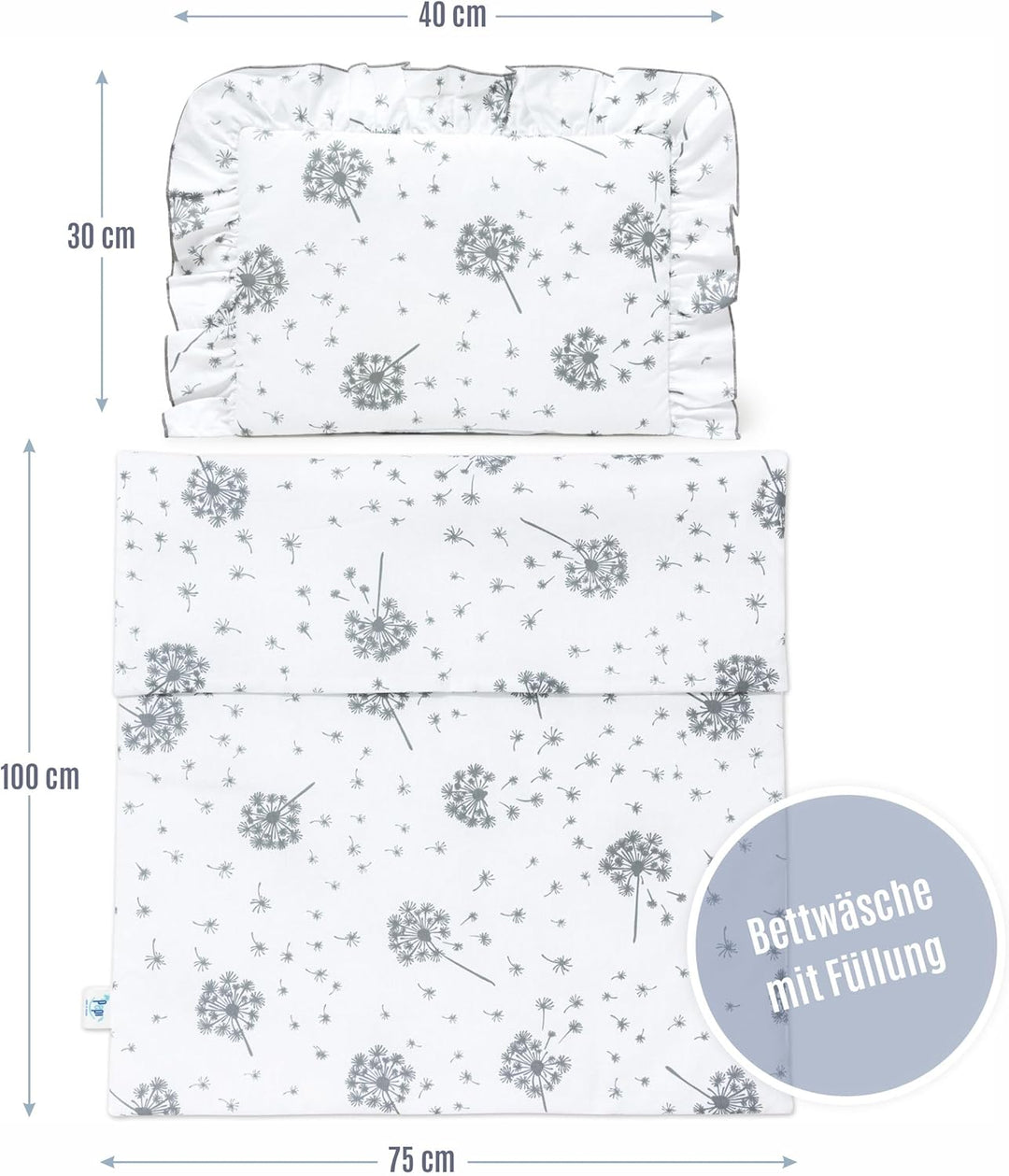 Pepi - Bettwäsche Weiss Rüschen - Kissen 30×40 und Bettdecke mit Füllung 75×100 - Musselin Bettwäsch