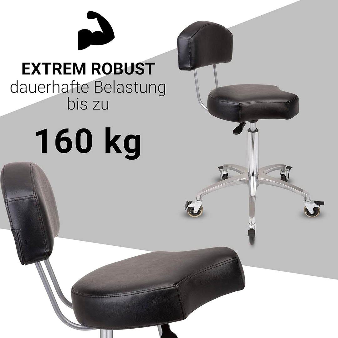 Rollhocker bis 160 kg - Ergonomisch geformter Sitz mit Bremse und Lehne - Drehhocker (Premium Rollen
