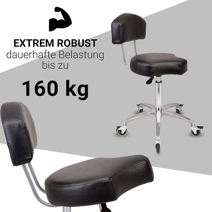 Rollhocker bis 160 kg - Ergonomisch geformter Sitz mit Bremse und Lehne - Drehhocker (Premium Rollen