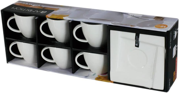 AMBITION Kaffeeservice Kaffee Set Porzellan Eckig Weiss Tassen Untertasse Kubiko 12 Tlg.