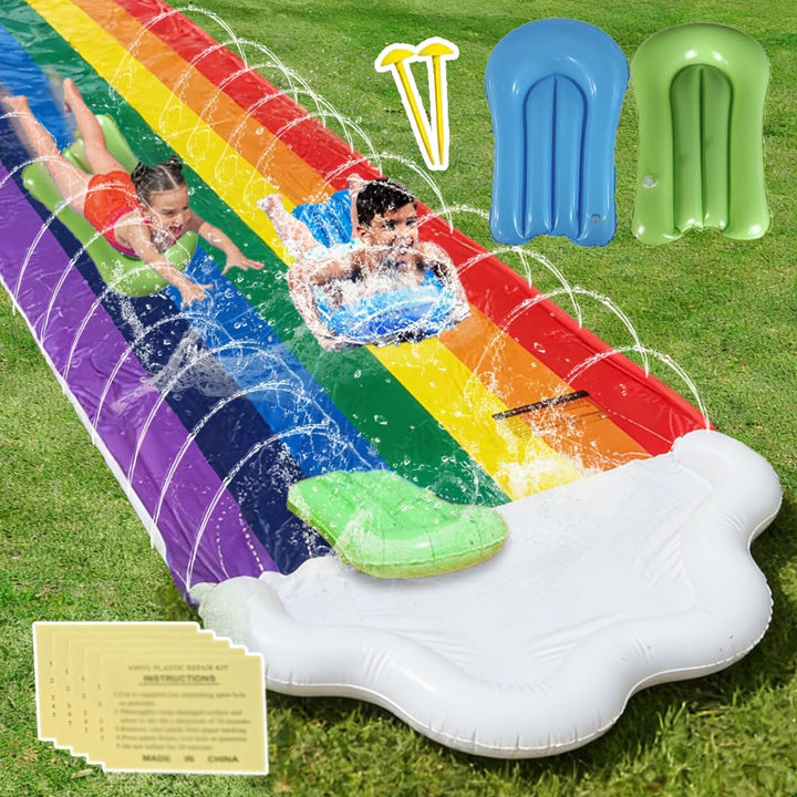 Wasserrutsche Garten für Kinder,480x140CM Regenbogen Doppel Wasserrutschmatte mit 2 Bodyboards 5 Rep