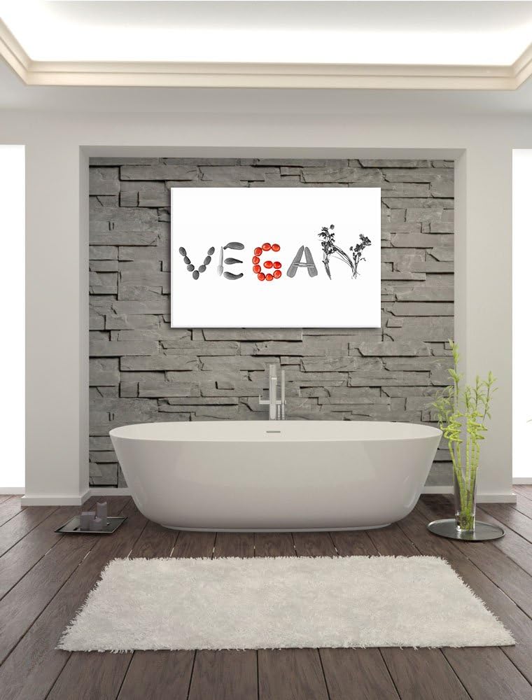 Schriftzug Vegan Gemüse schwarz/weiss Format: 100x70 cm auf Leinwand, XXL riesige Bilder fertig gera