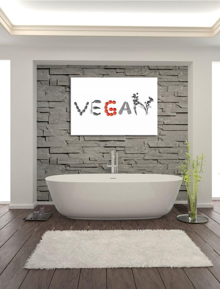 Schriftzug Vegan Gemüse schwarz/weiss Format: 100x70 cm auf Leinwand, XXL riesige Bilder fertig gera